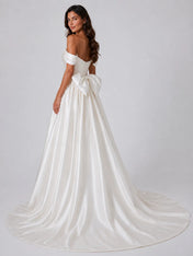 Elegant Off-Shoulder Satin Wedding Dress with Ruched Sweetheart Bodice, Overskirt, Beading and Chapel Train
