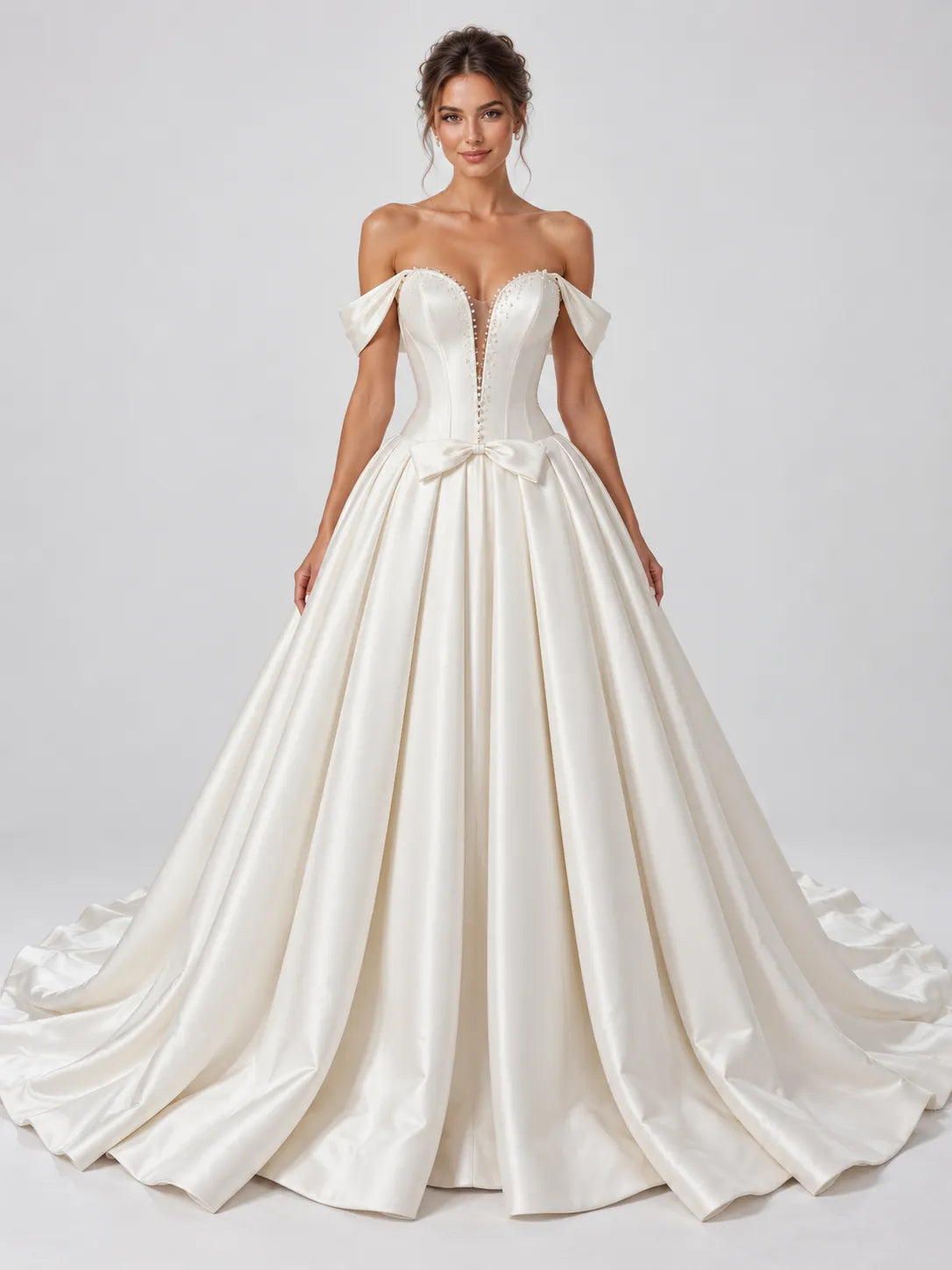 Off-The-Shoulder Beaded Plunge Satin Ball Gown Wedding Dress