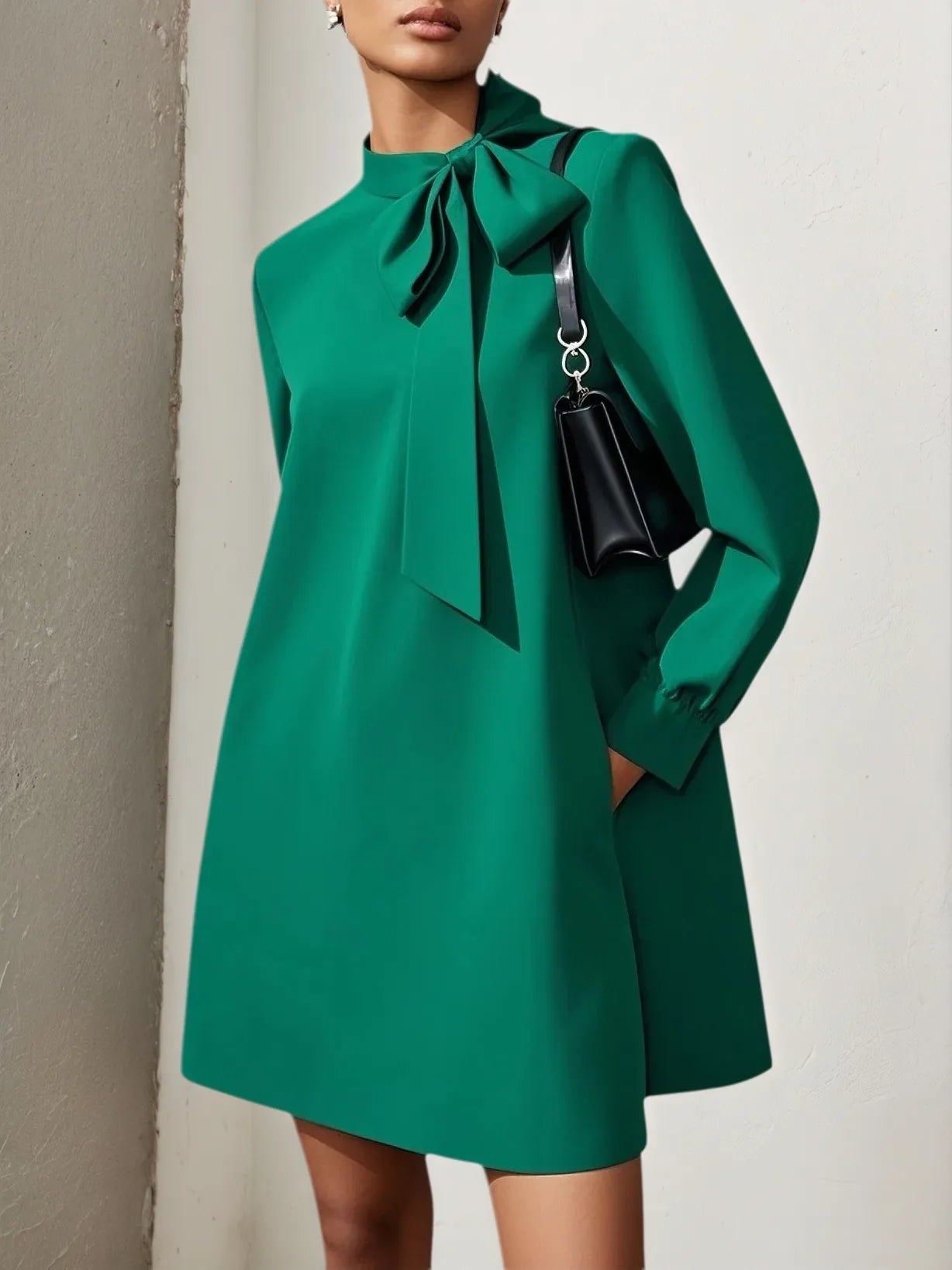 Green Bow Classic Tie Neck Long Sleeve A-Line Mini Dress