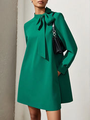 Green Bow Classic Tie Neck Long Sleeve A-Line Mini Dress