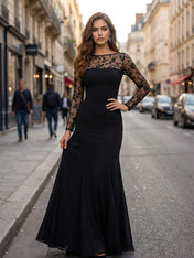 Embroidered Sheer-Panel Evening Gown Maxi Dress