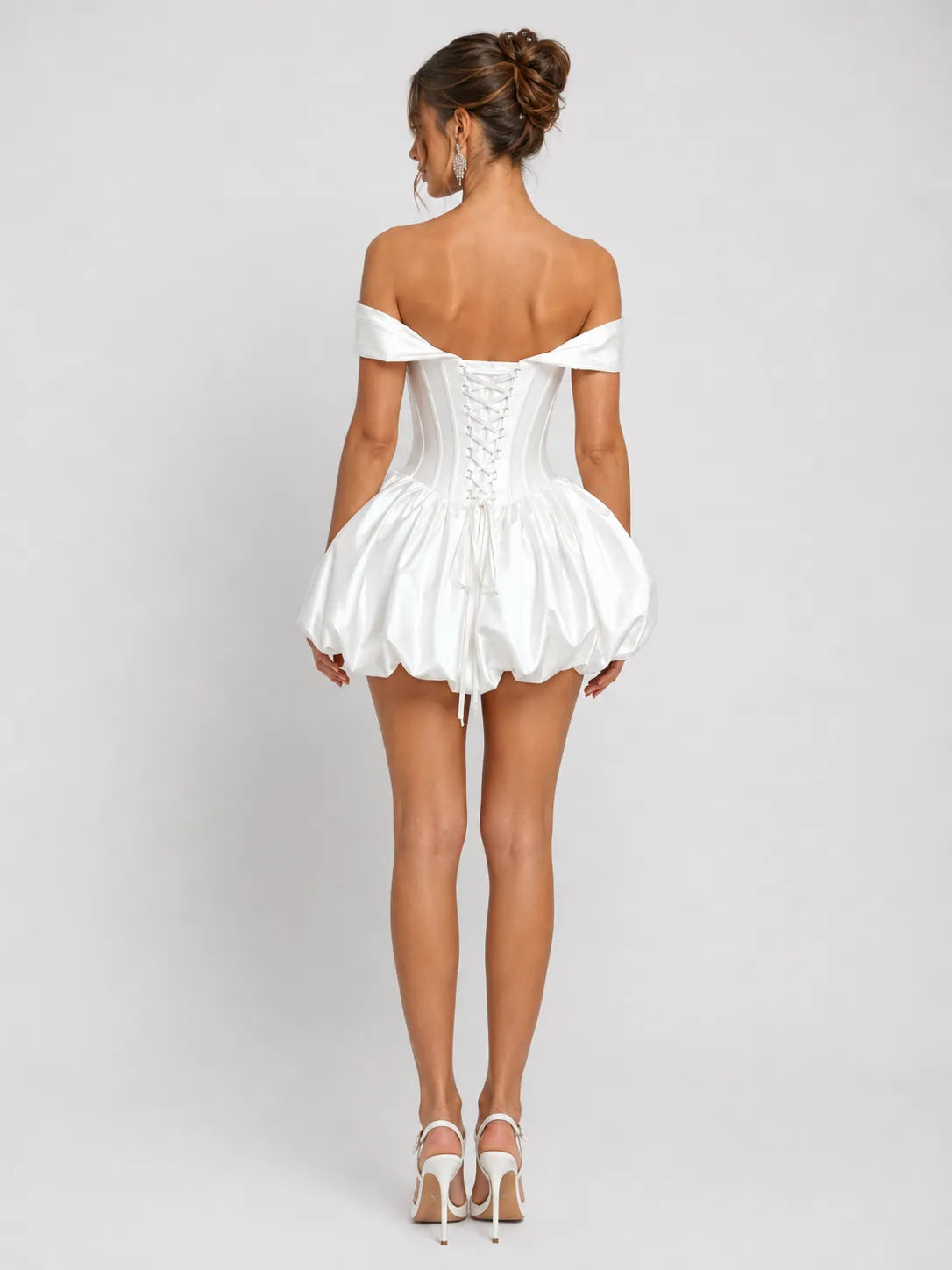 Elegant Off-Shoulder Satin Mini Wedding Dress with Corset Detail, Lace-Up Back and Bubble Skirt