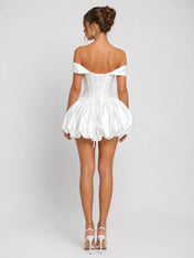 Elegant Off-Shoulder Satin Mini Wedding Dress with Corset Detail, Lace-Up Back and Bubble Skirt