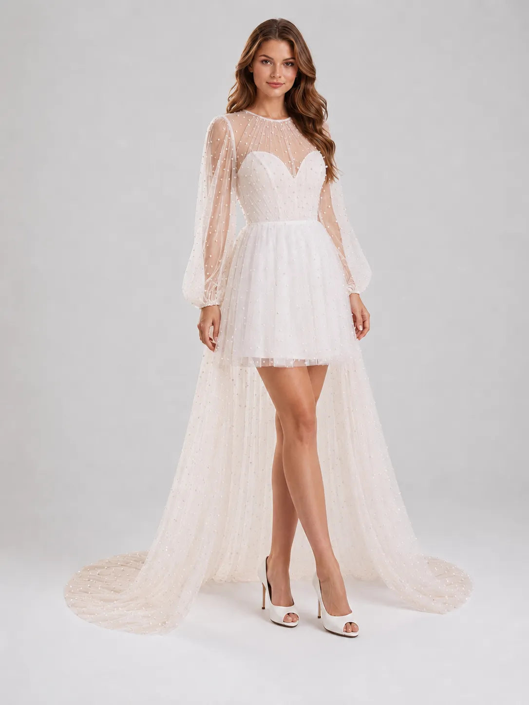 Illusion Pearl Tulle Long Sleeve Mini Bridal Dress with Detachable-Look Cathedral Train