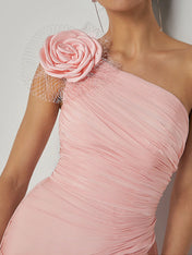 Blush Pink One-Shoulder Ruched 3D Floral Gown Dress