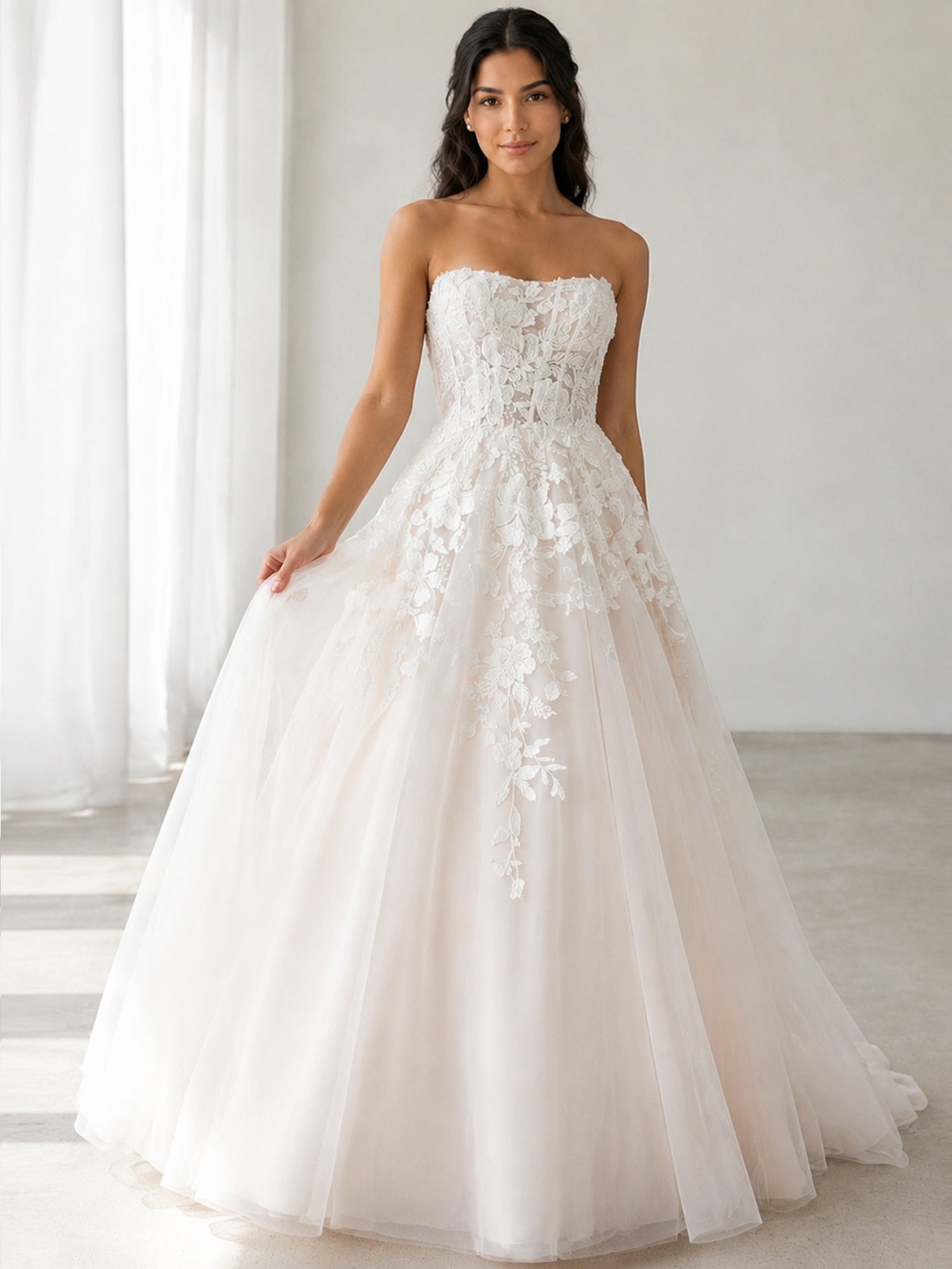 Elegant Strapless White Lace A-Line Wedding Dresses with Corset and Chapel Train