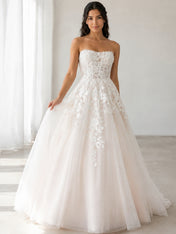 Elegant Strapless White Lace A-Line Wedding Dresses with Corset and Chapel Train