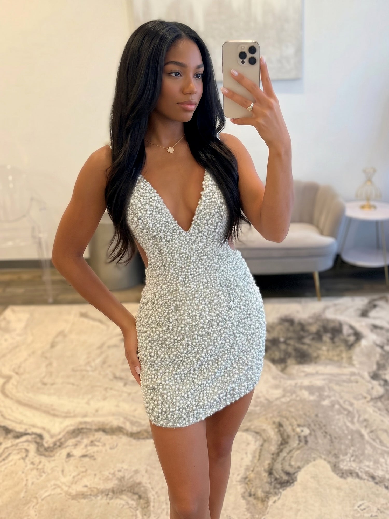 White V Neck Pearl Embellished Short Homecoming Dresses