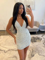White V Neck Pearl Embellished Short Homecoming Dresses
