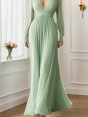Formal Evening V-Neck Dress Green Long Sleeve Maxi Dress