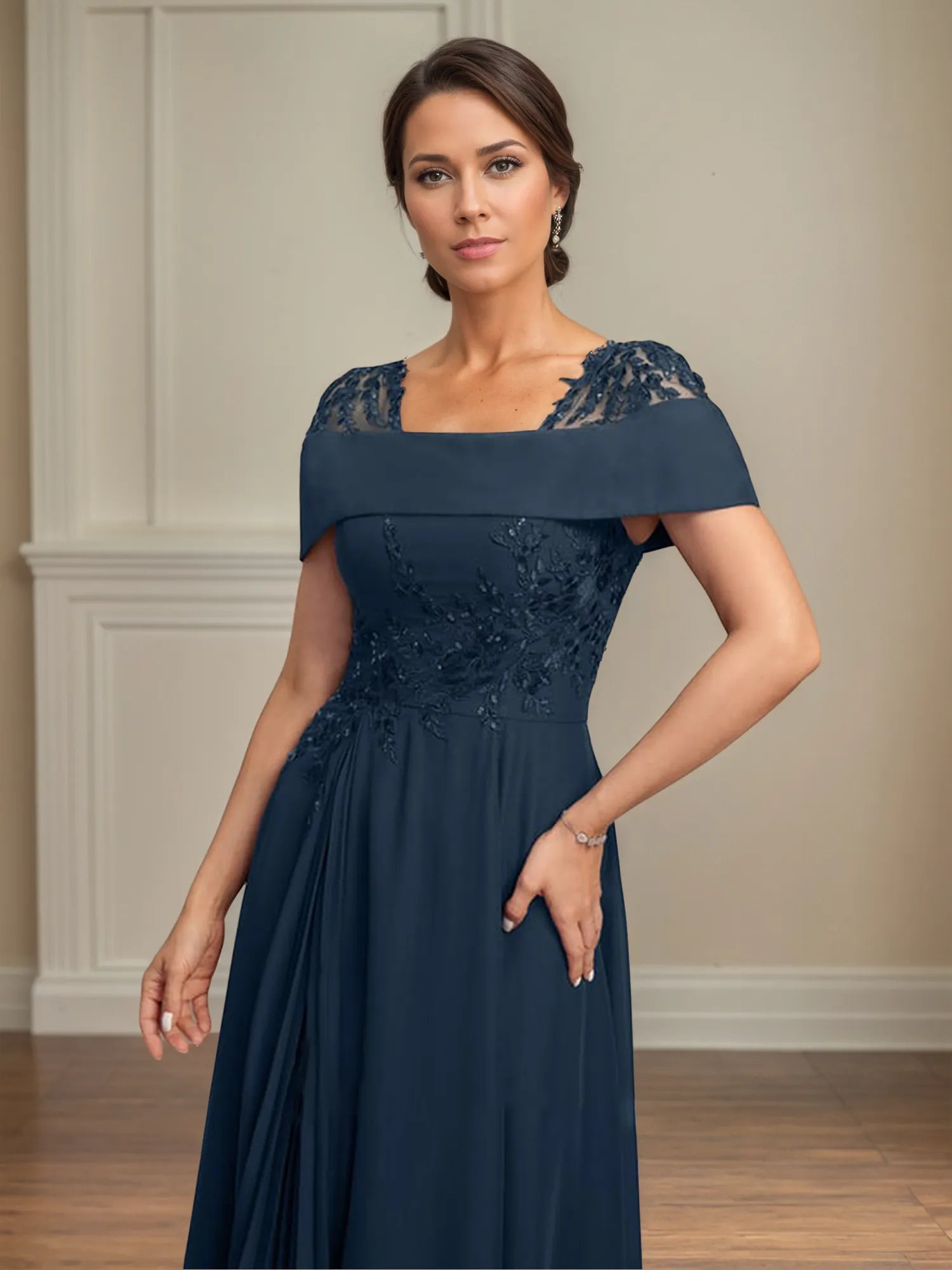 A Line Square Neck Tea Length Chiffon Mother of the Bride Dress With Pleated Sequins
