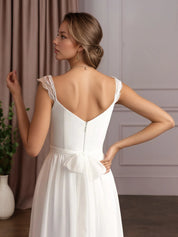 White A-Line V-Neck Sleeveless Lace Chiffon Wedding Dress