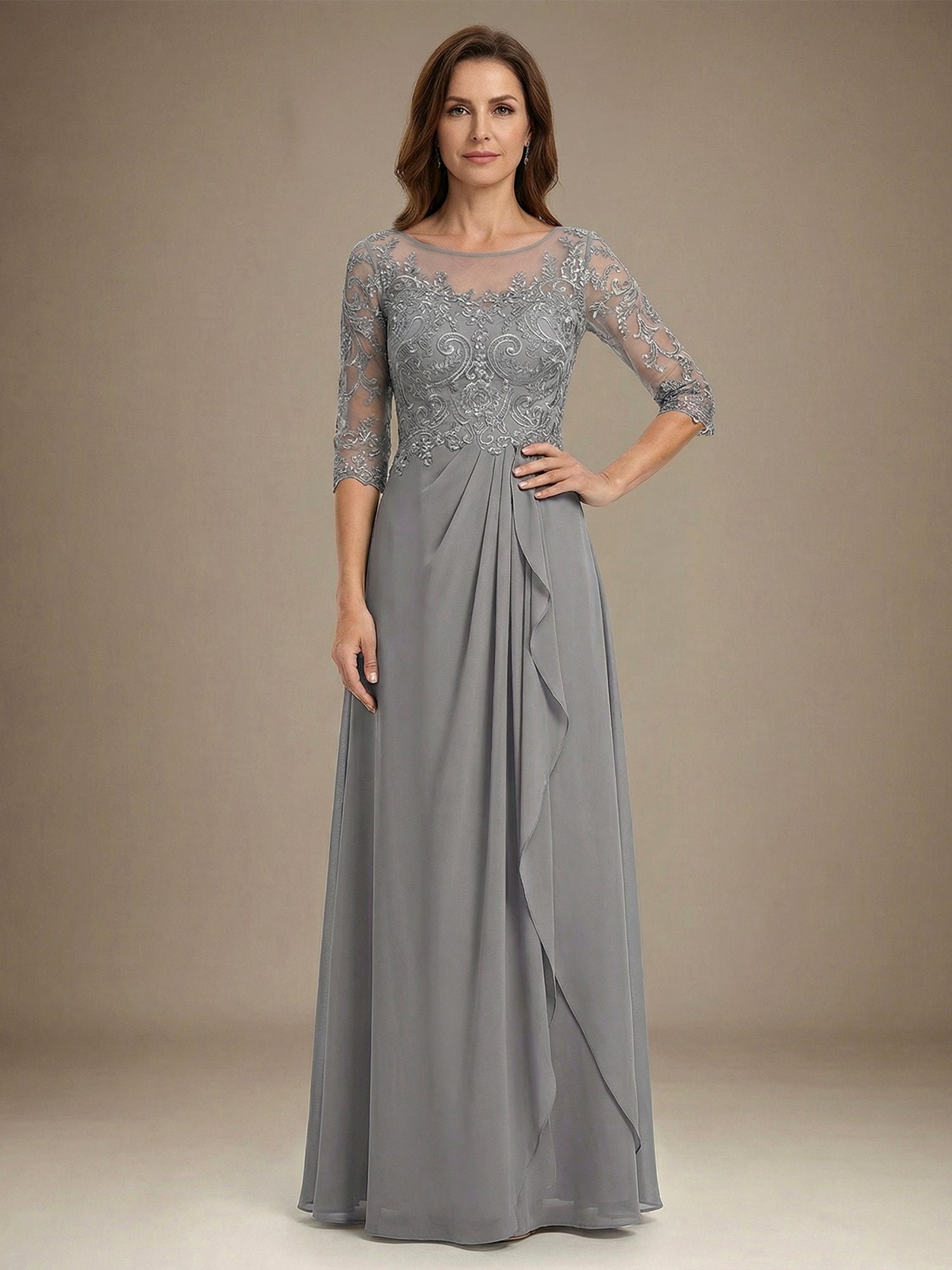 A-line Scoop Illusion Floor-Length Chiffon Lace Mother of the Bride Dress With Beading Sequins Cascading Ruffles
