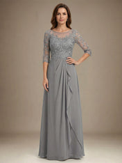 A-line Scoop Illusion Floor-Length Chiffon Lace Mother of the Bride Dress With Beading Sequins Cascading Ruffles
