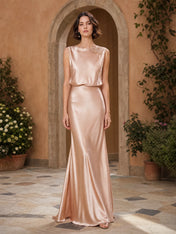Boat-Neck Bloused-Bodice Satin Evening Dress with Crystal Shoulder Applique