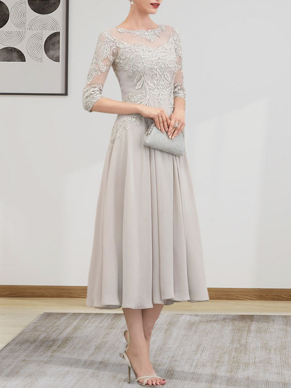 Dreamylily A-line Scoop Illusion Tea-Length Chiffon Lace Mother of the ...