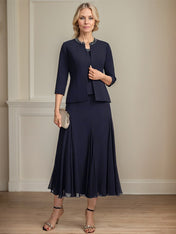 Separates A-line Scoop Tea-Length Chiffon Mother of the Bride Dress With Sequins Beading