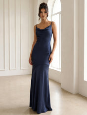 Navy Blue Spaghetti Straps Maxi Dresses for Women 2026 Mermaid Evening Dress