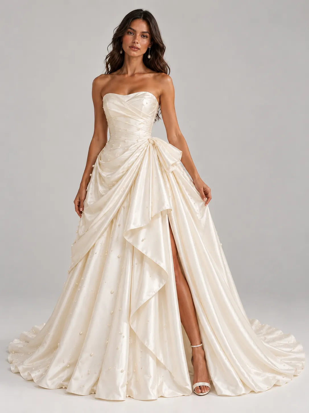 Strapless Draped Pearl-Embellished Satin Wedding Dress Ball Gown with High Front Slit and Corset Back