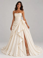 Strapless Draped Pearl-Embellished Satin Wedding Dress Ball Gown with High Front Slit and Corset Back