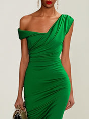 Green Chiffon One Shoulder Ankle Length Party Cocktail Dress