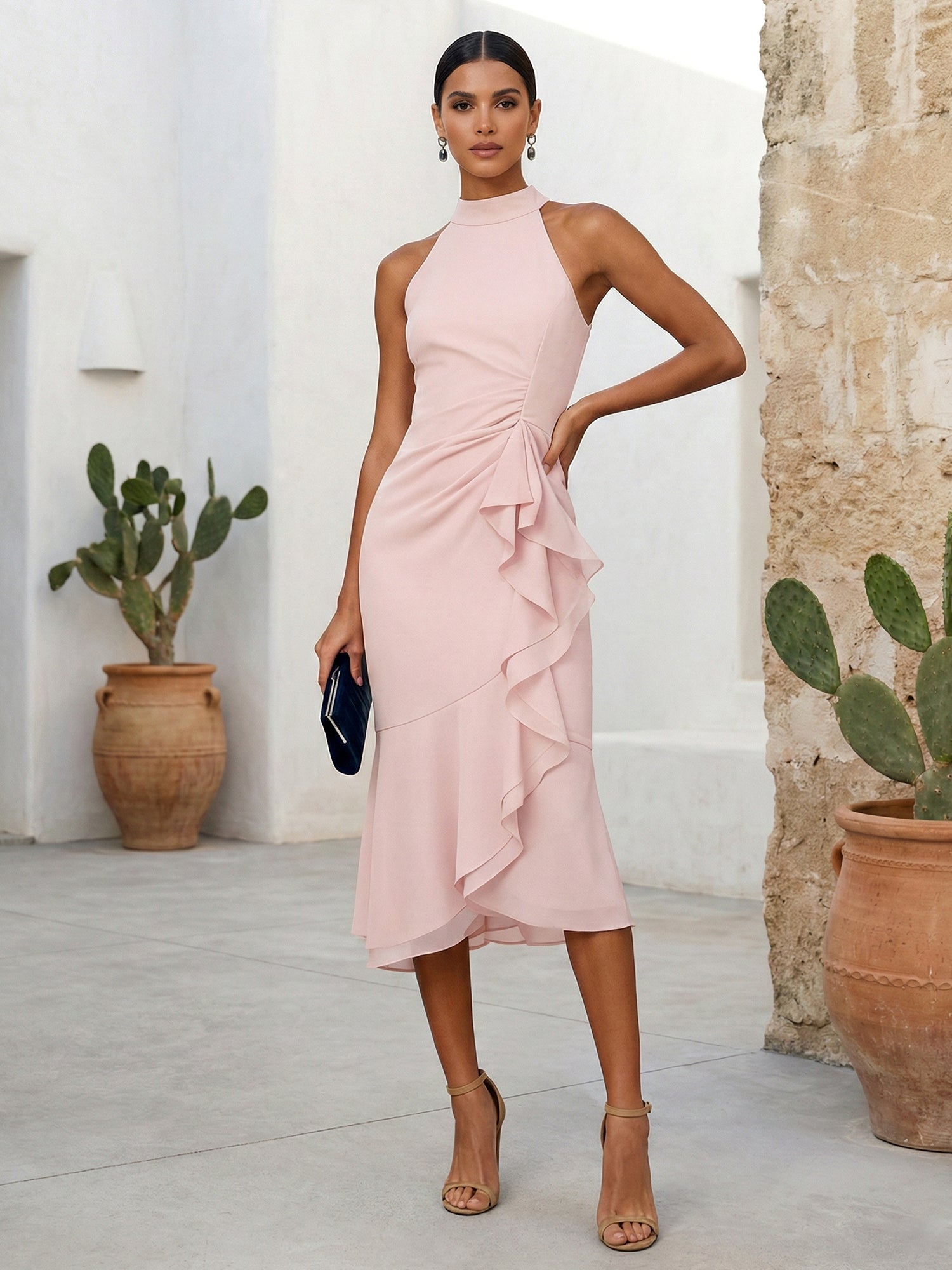 Pink High Neck Chiffon Mermaid Tea Length Evening Dress with Ruffle