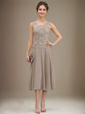 A-line Scoop Tea-Length Lace Chiffon Mother of the Bride Dress With Sequins
