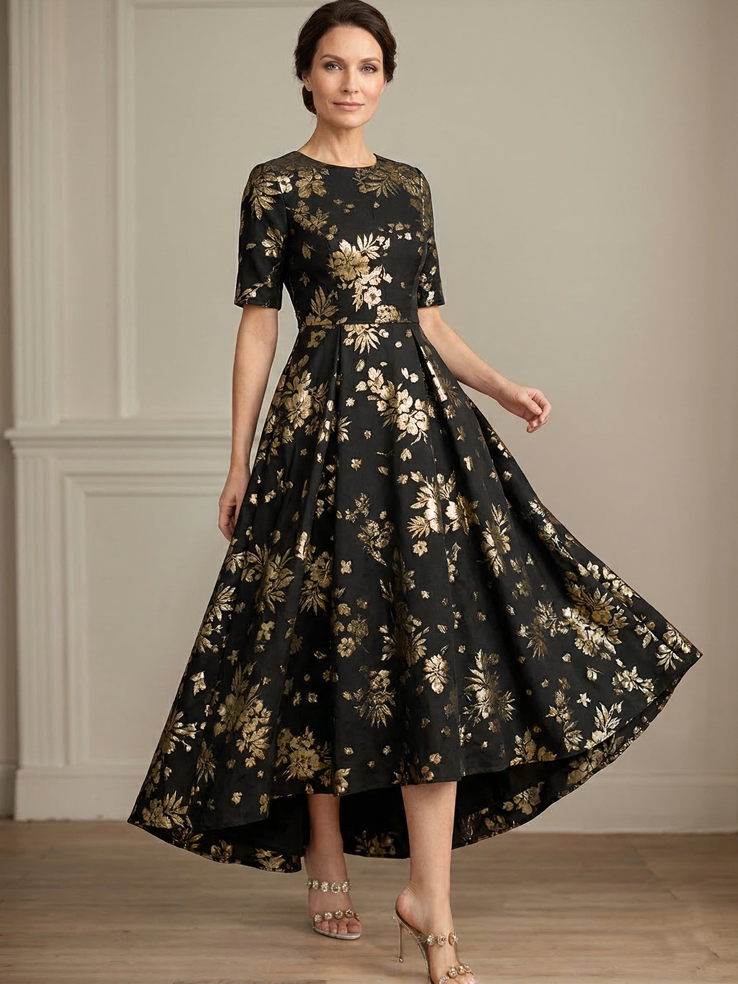 A-line Round Neck Short Sleeve Asymmetrical Jacquard Mother of the Bride Dress With Metallic Floral Print