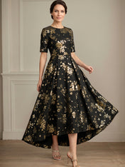 A-line Round Neck Short Sleeve Asymmetrical Jacquard Mother of the Bride Dress With Metallic Floral Print