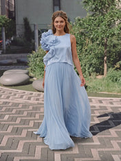 One-Shoulder Ruffled Rosette Light Blue Pleated Evening Dress