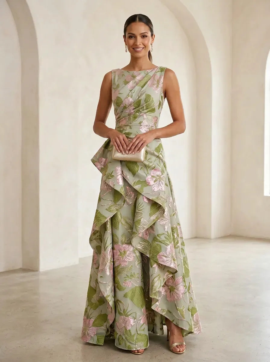 Boat-Neck Jacquard Asymmetric Ruffle Long Mother of The Bride Dresses