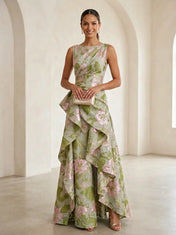 Boat-Neck Jacquard Asymmetric Ruffle Long Mother of The Bride Dresses