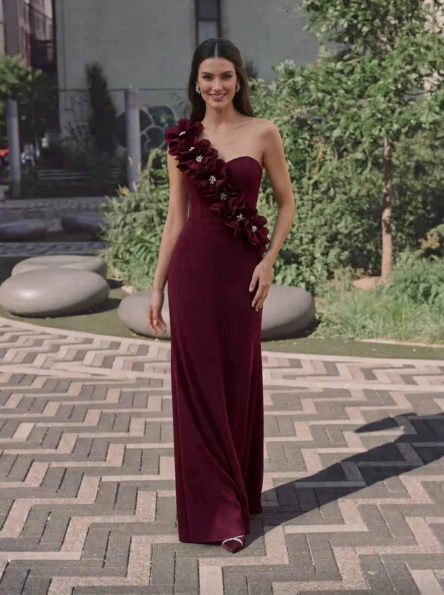 One-Shoulder Cascading Rosette Burgundy Column Sleeveless Evening Dress