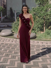 One-Shoulder Cascading Rosette Burgundy Column Sleeveless Evening Dress