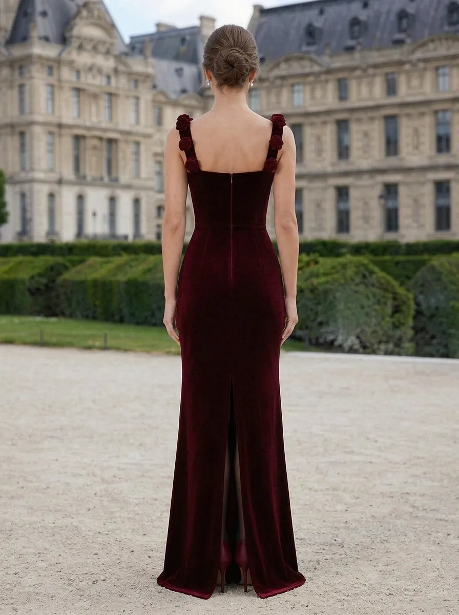Square-Neck Velvet Column Evening Dress with 3D Rosette Straps