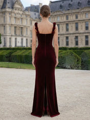 Square-Neck Velvet Column Evening Dress with 3D Rosette Straps