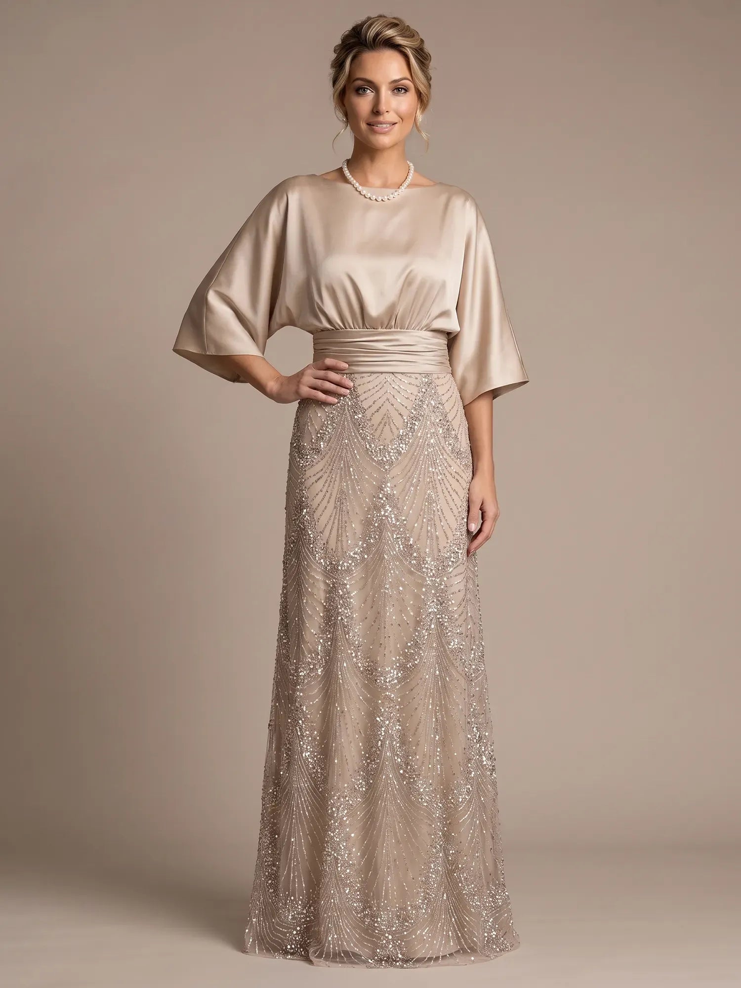 Bateau Neck Satin Evening Gown with 3/4 Batwing Sleeves Mother of The Bride Dresses