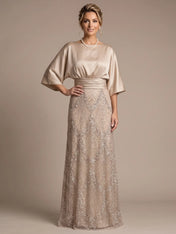 Bateau Neck Satin Evening Gown with 3/4 Batwing Sleeves Mother of The Bride Dresses