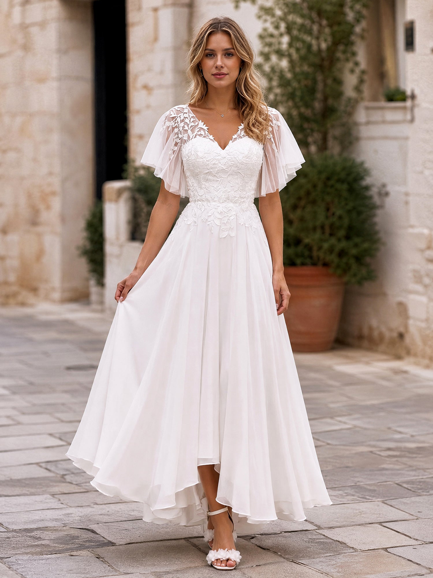 Romantic A-Line Wedding Dress with Floral Lace Bodice & Sheer Flutter Sleeves