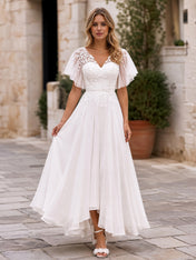 Romantic A-Line Wedding Dress with Floral Lace Bodice & Sheer Flutter Sleeves