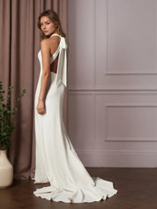 White Sheath Bow Stretch Crepe Wedding Dress