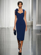 Sleeveless Sweetheart Neckline Bodycon Midi Dress with 3D Floral Shoulder Detail