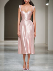 Corset Dress Pink Spaghetti Strap Satin Midi Dress