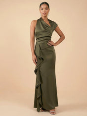Olive Green One Shoulder Ruched Satin Evening Gown with Ruffle