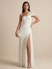 One Shoulder Pleated Chiffon Evening Dress with Side Slit