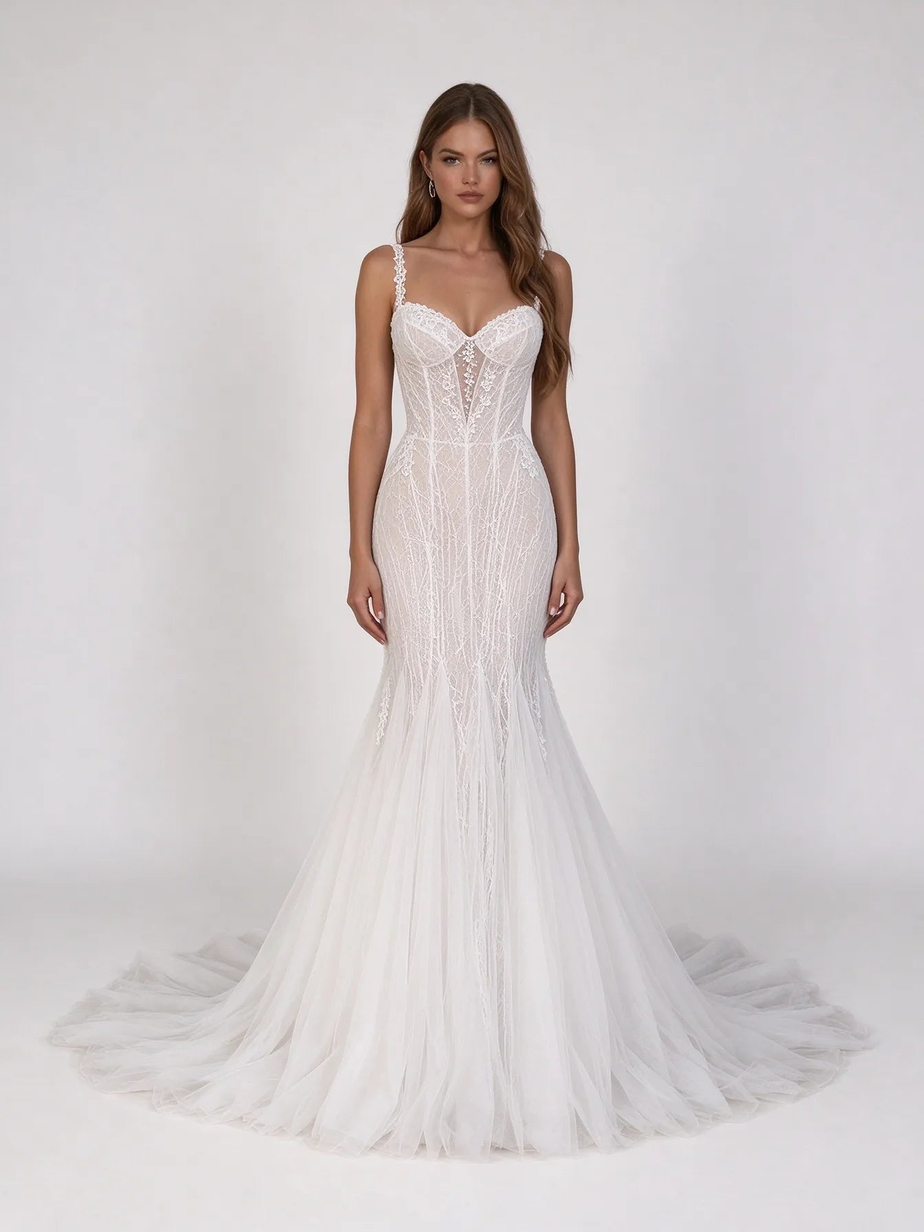Sweetheart Straps Sheer Corset Lace Mermaid Wedding Dress with Sweep Train