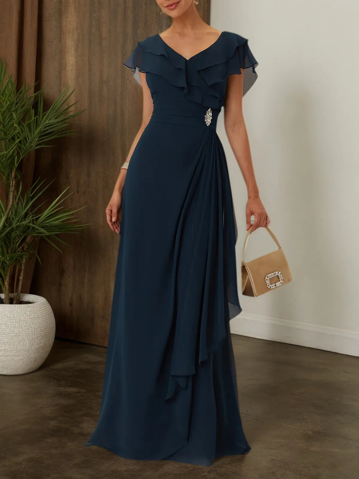 Purplish blue Ruffled Rhinestones Chiffon V Neck Short Sleeve A-Line Maxi Mother of the Bride or Groom Dress