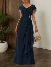 Purplish blue Ruffled Rhinestones Chiffon V Neck Short Sleeve A-Line Maxi Mother of the Bride or Groom Dress