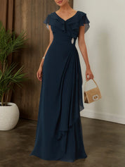 Purplish blue Ruffled Rhinestones Chiffon V Neck Short Sleeve A-Line Maxi Mother of the Bride or Groom Dress