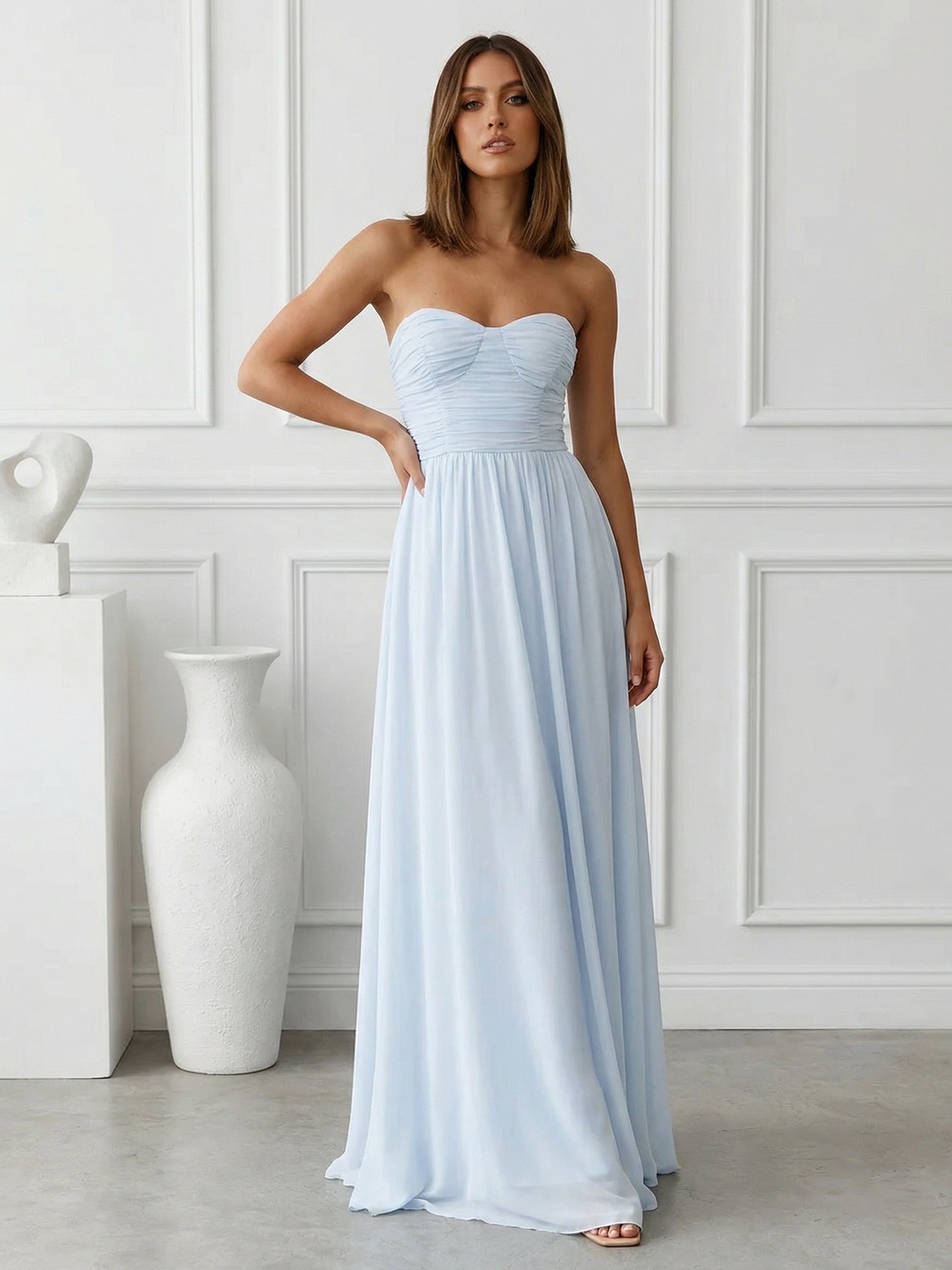 Light Blue Sweetheart Chiffon A Line Maxi Dress with Pleat
